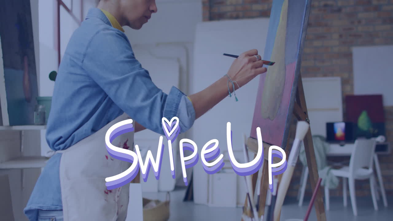 Painting on canvas, artist working in creative studio with animation overlay