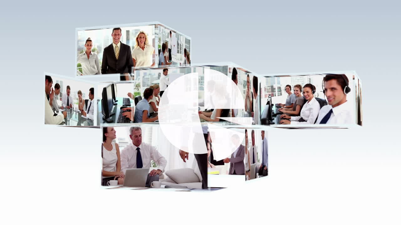 다채로운 비즈니스 사람들의 아이콘을 다이어그램 위에 애니메이션