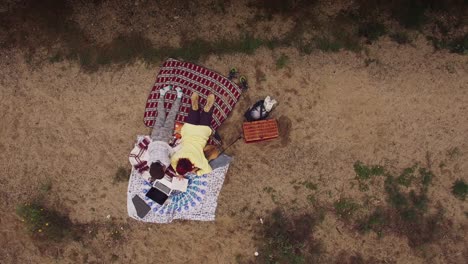 4k aerial family having picnic next to the lake