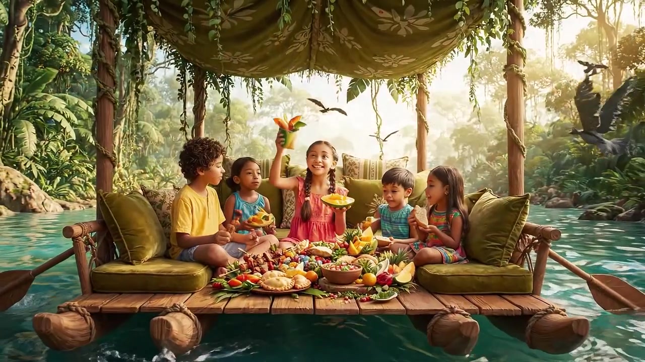 Un vivace raduno di bambini che si godono un banchetto su una zattera circondati dalla natura, celebrando l'amicizia e l'avventura in un lussureggiante ambiente tropicale.