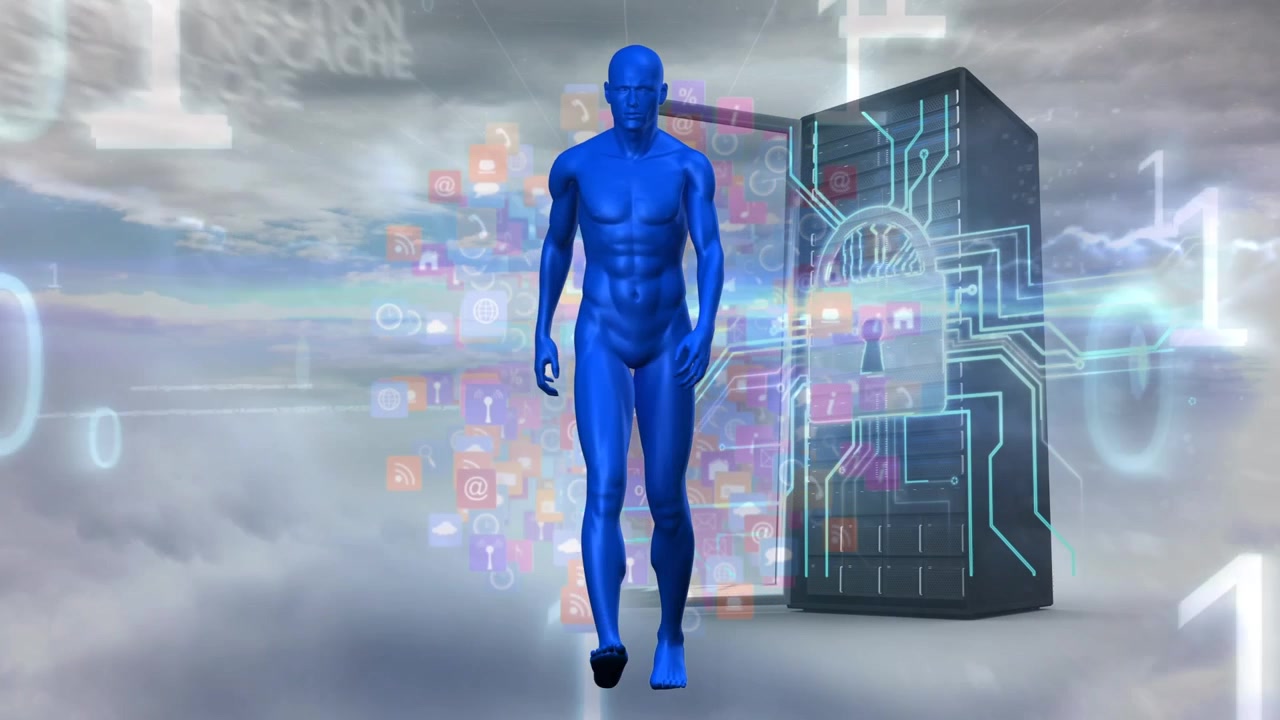 Animation of data processing and human walking over server