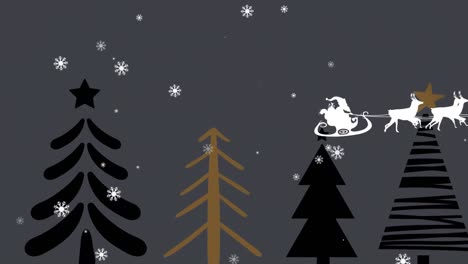 Animation-of-santa-claus-in-sleigh-with-reindeer-over-fir-trees-on-grey-background
