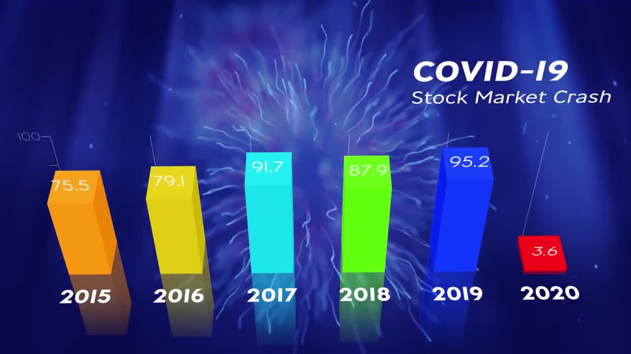 코로나19의 영향을 보여주는 그래프의 애니메이션이 파란색 바탕에 있습니다.