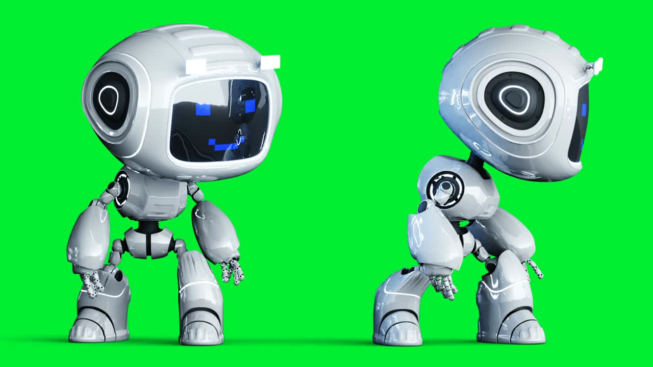 animazione di robot giocattolo bianco sorridente. sfocamento del movimento fisico. animazione 4k a schermo verde realistico. schermo verde