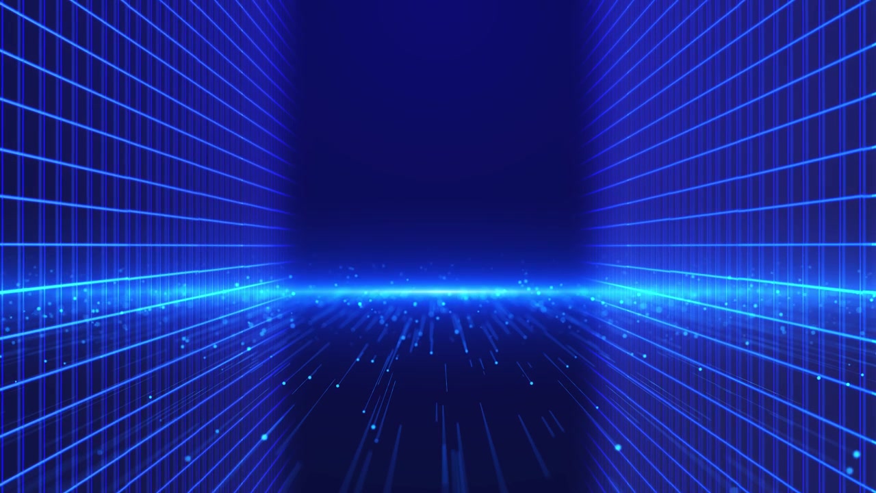 The luminous wire grid creates a deep blue virtual tunnel with streaming points and open central