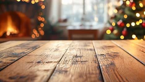 a wooden table with a fireplace in the background. the table is empty and the fireplace is lit