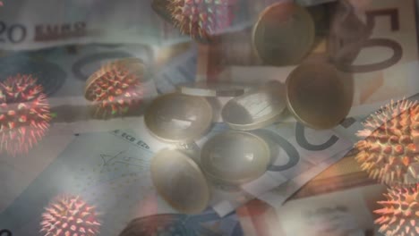 animation of macro covid-19 cells floating over euro bills and coins falling on a table.