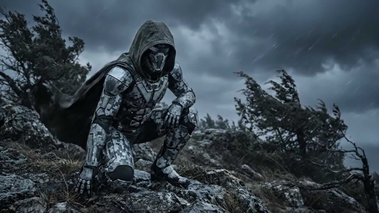 Futuristická obrněná postava krčící se v bouřlivé, pusté krajině