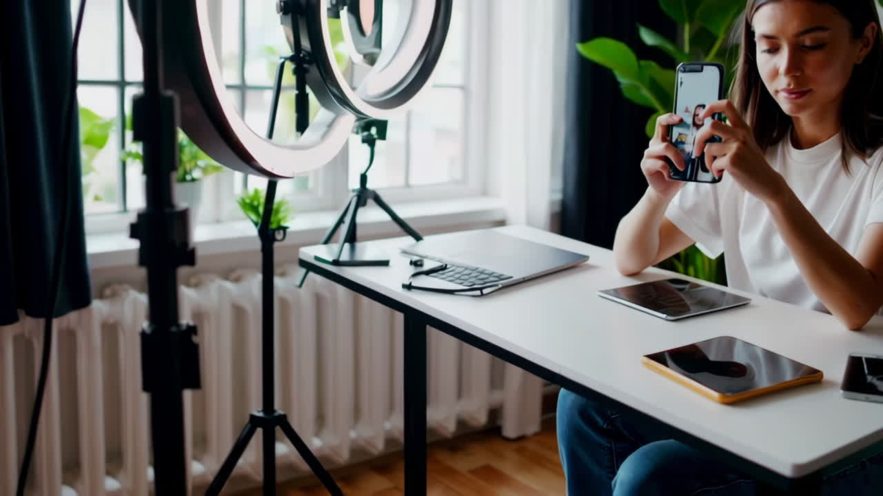 Woman vlogging on mobile phone with ring light