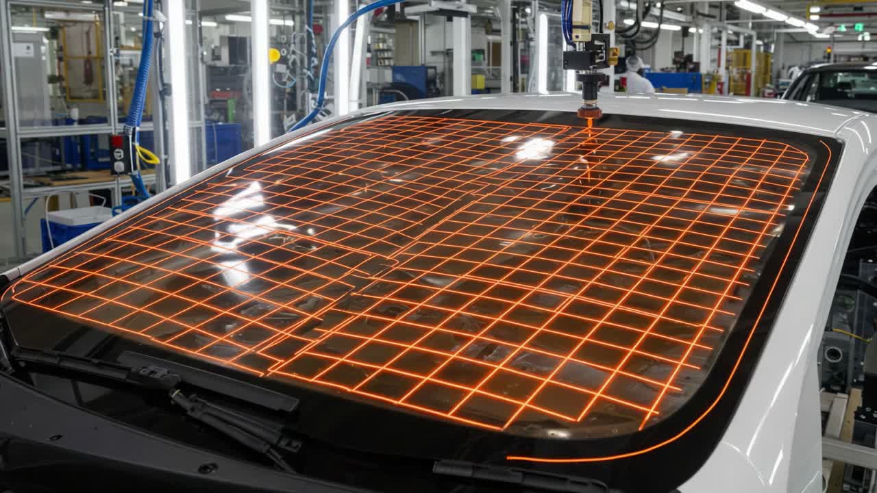 Automotive Manufacturing Process: Advanced Laser Technology Used for Precise Measurement of Windshield Installation with High-Visibility Grid in Modern Factory