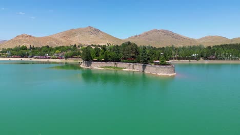 aerial view of lake landscape in kabul afghanistan, blue sky