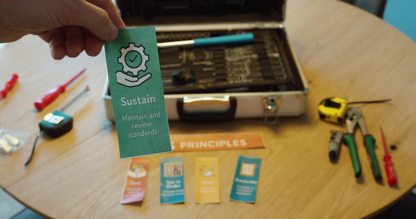 Hand holding a “Sustain” 5S principle card with tools and workspace in background, representing standardization and continuous improvement.