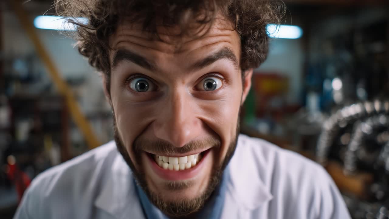 A scientist's astonished and excited expressions showcase the thrill of discovery in this engaging video, capturing the essence of scientific curiosity and innovation
