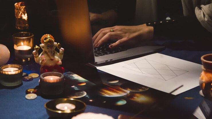 Primo piano di donna che usa un laptop per disegnare un tema natale astrologico su tavolo a lume di candela