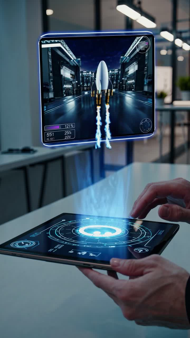 Futuristic Rocket Hologram on Tablet