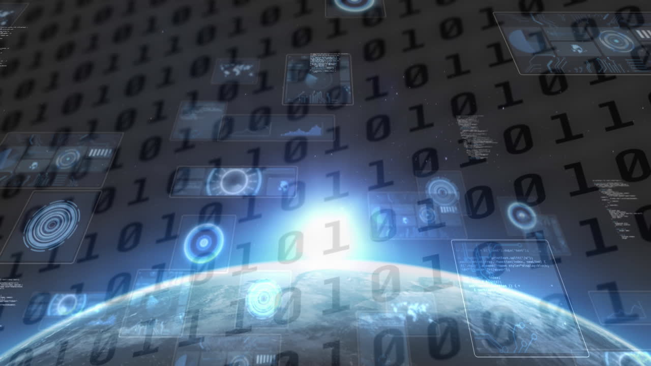 animación de escaneos y procesamiento de datos en pantallas a través de codificación binaria y globo