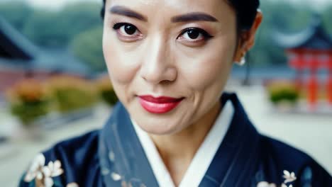 a beautiful woman in a traditional japanese kimono stands in front of a torii gate