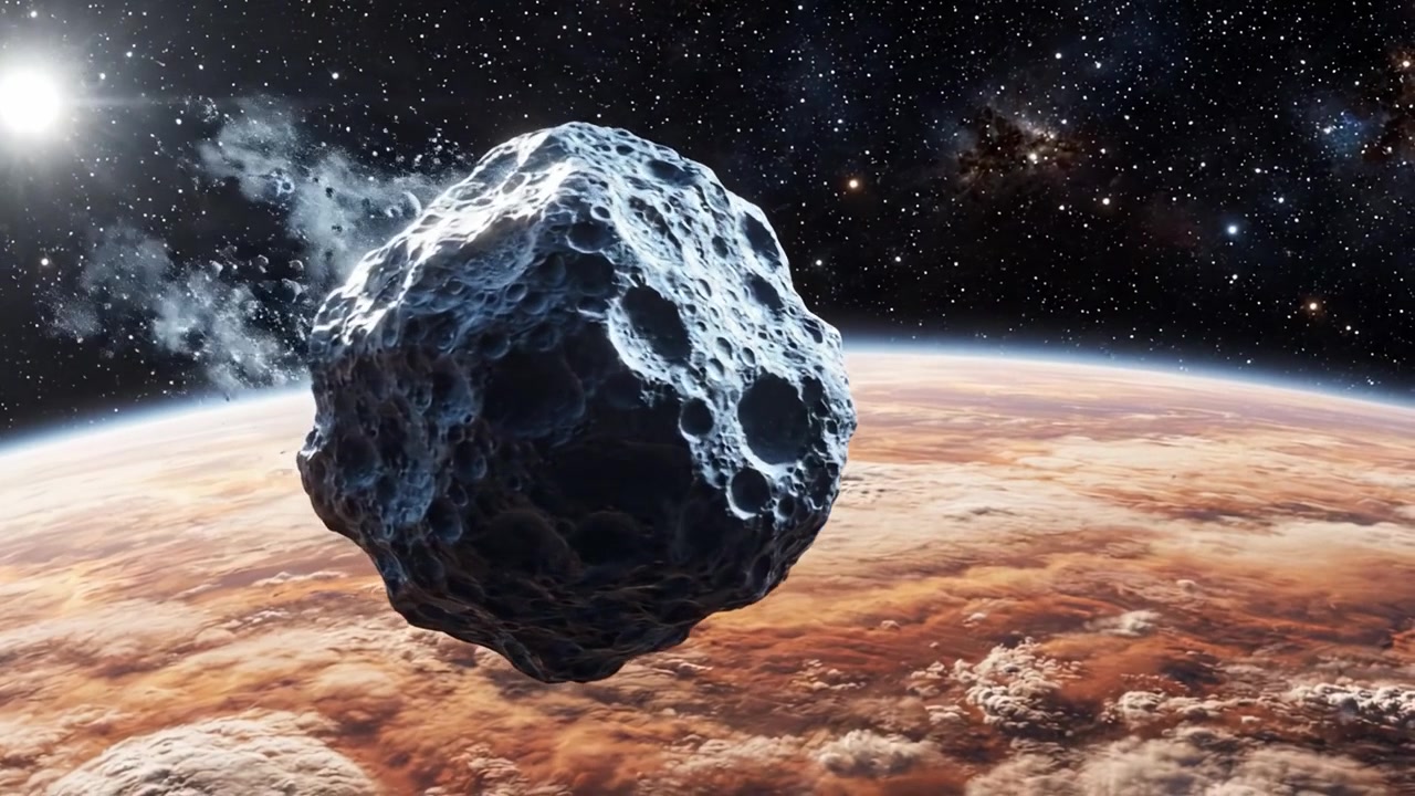 Una splendida scena cosmica con un asteroide che passa vicino a un pianeta circondato da stelle, rivelando la bellezza mozzafiato dell'universo