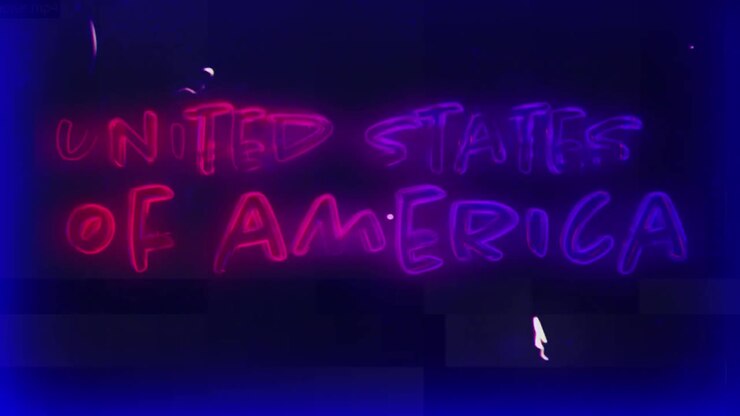 Animation of united states of america neon text on blue background