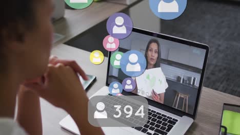 animation of changing numbers and profile icons, diverse female coworkers discussing on video call