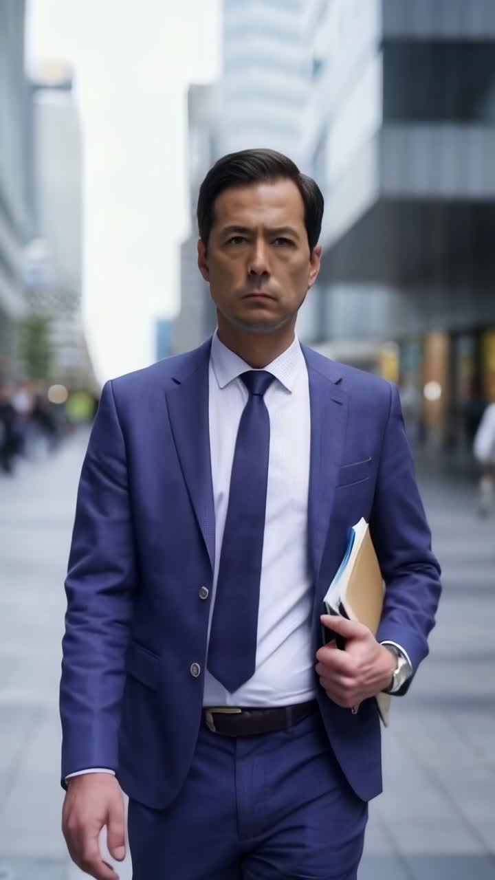 A man in a suit and tie is walking down a city street with a briefcase ...