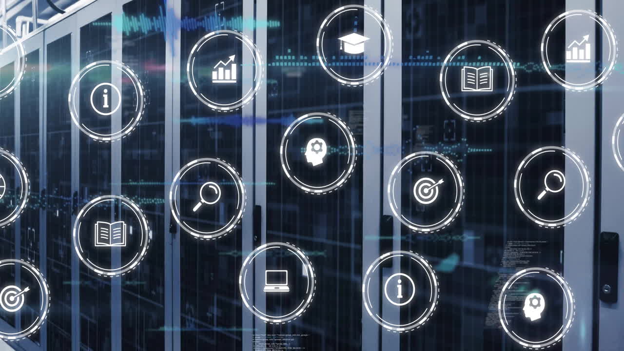 Animation of data processing and business icons over server room