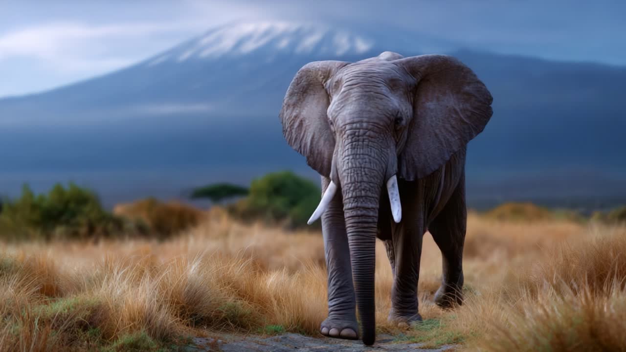 En majestætisk elefant, der vandrer gennem gyldne græsarealer med en fantastisk bjergudsigt, der fanger essensen af dyrelivet i dets naturlige habitat