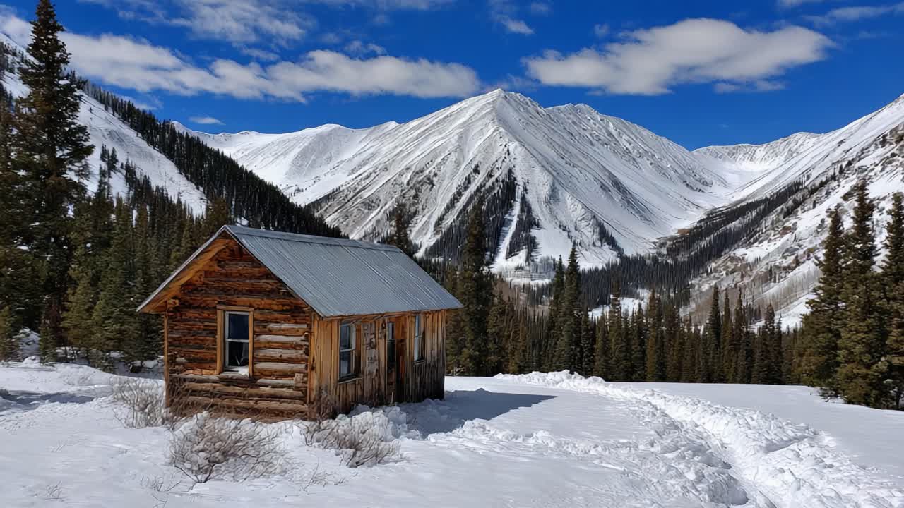 A Scenic View of an Isolated Cabin Nestled in a Snowy Valley Surrounded by Majestic Mountains and Pine Trees Under a Beautiful Blue Sky with Fluffy Clouds
