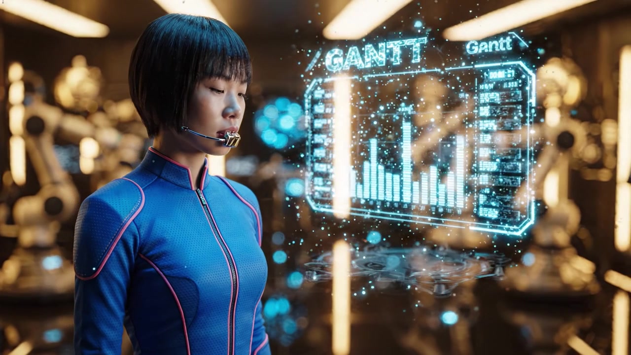 未来的な女性像がホログラフィックなガントチャートを操作し、先進技術とダイナミックなワークスペースを披露し、革新性と生産性を象徴している。