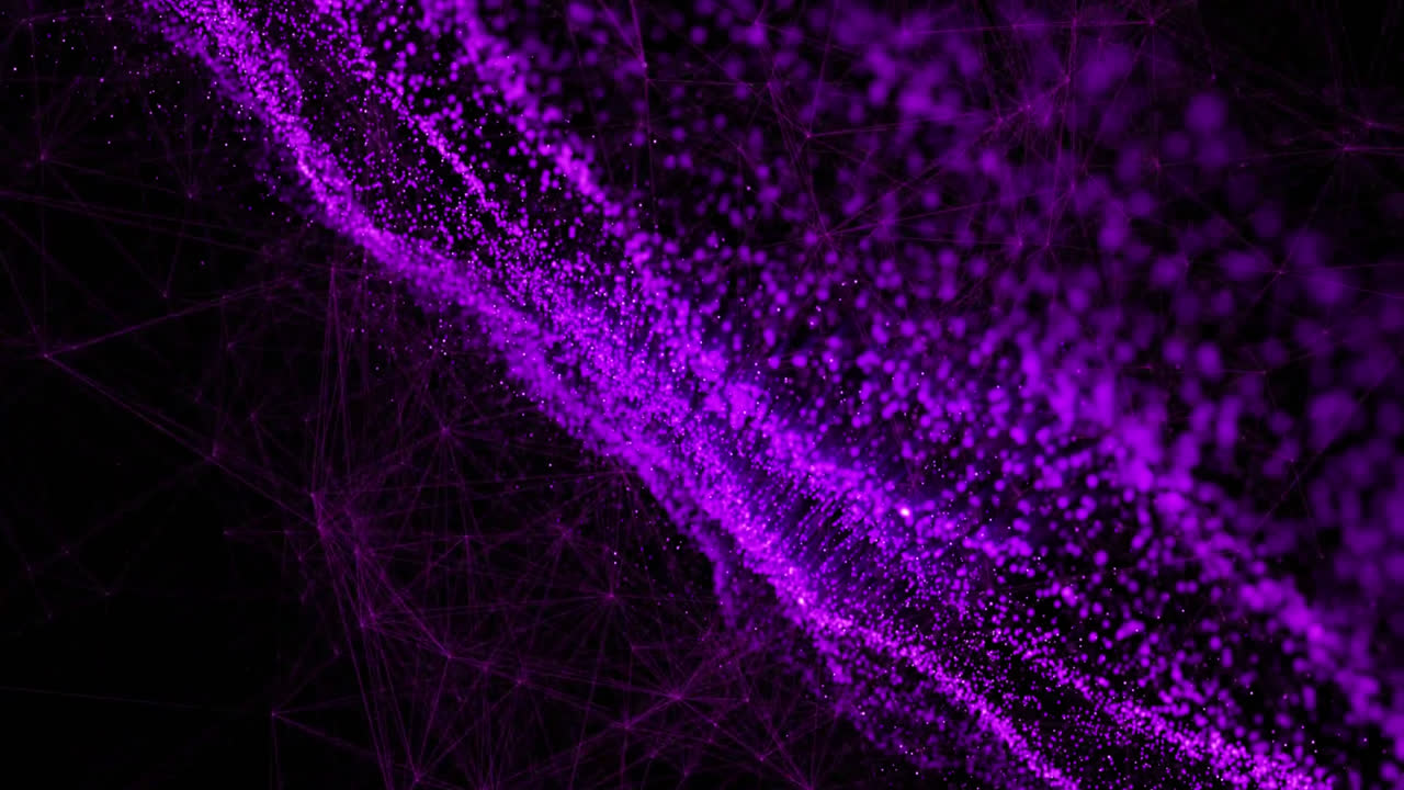 Animatie van paars gloeiende digitale golven die bewegen tegen een zwarte achtergrond met ruimte voor tekst.