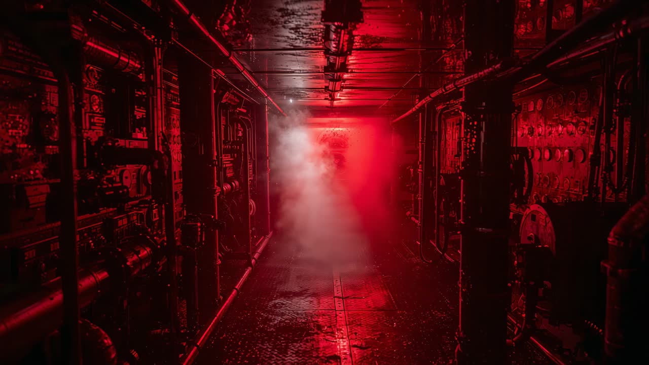 Rising white vapor from floor revealing dark silhouette in coat at metal corridor, red light, pipes