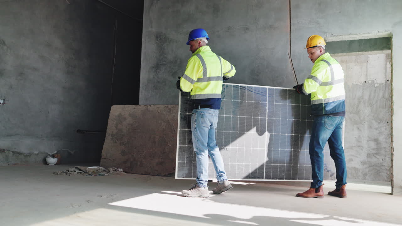 Workers installing solar panels in a building under construction