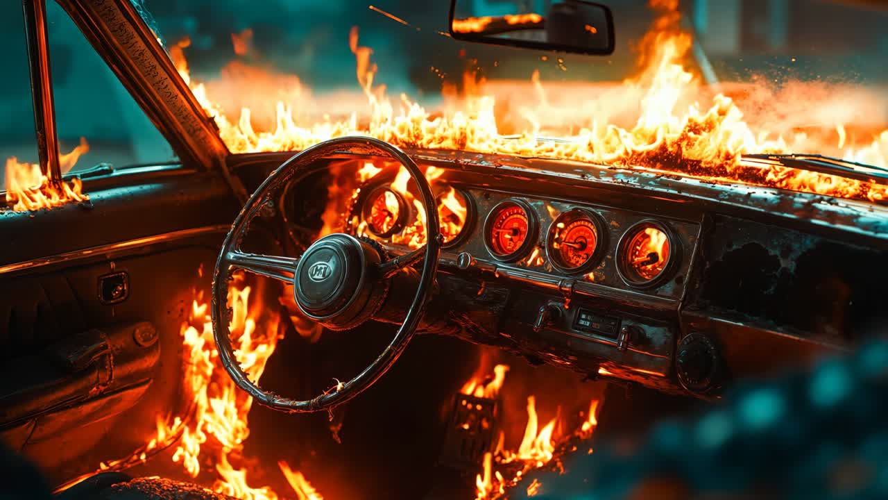 un coche está envuelto por llamas en el medio de la carretera