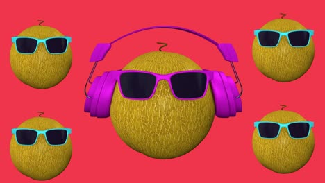 animación 3d en bucle de melón de fantasía. bailando de melón fresco con auriculares y gafas de sol.
