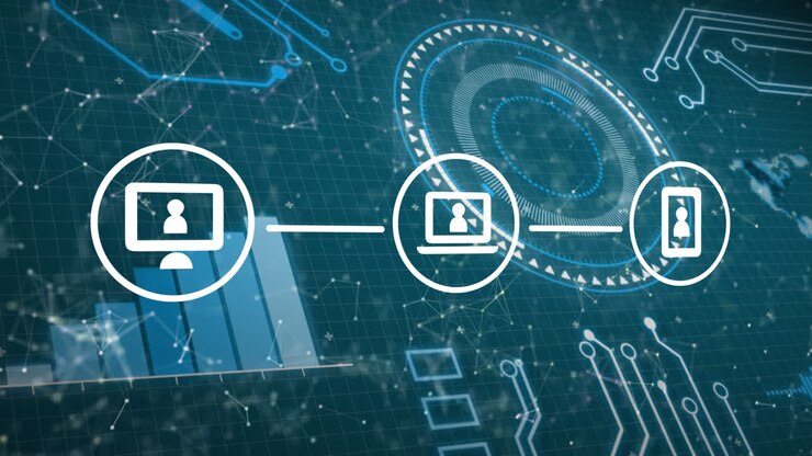 Animation of icons with network of connections, scope scanning and data processing