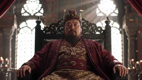 imposing monarch in majestic throne room: a regal figure commanding authority with a powerful presence as sunlight streams through ornate windows