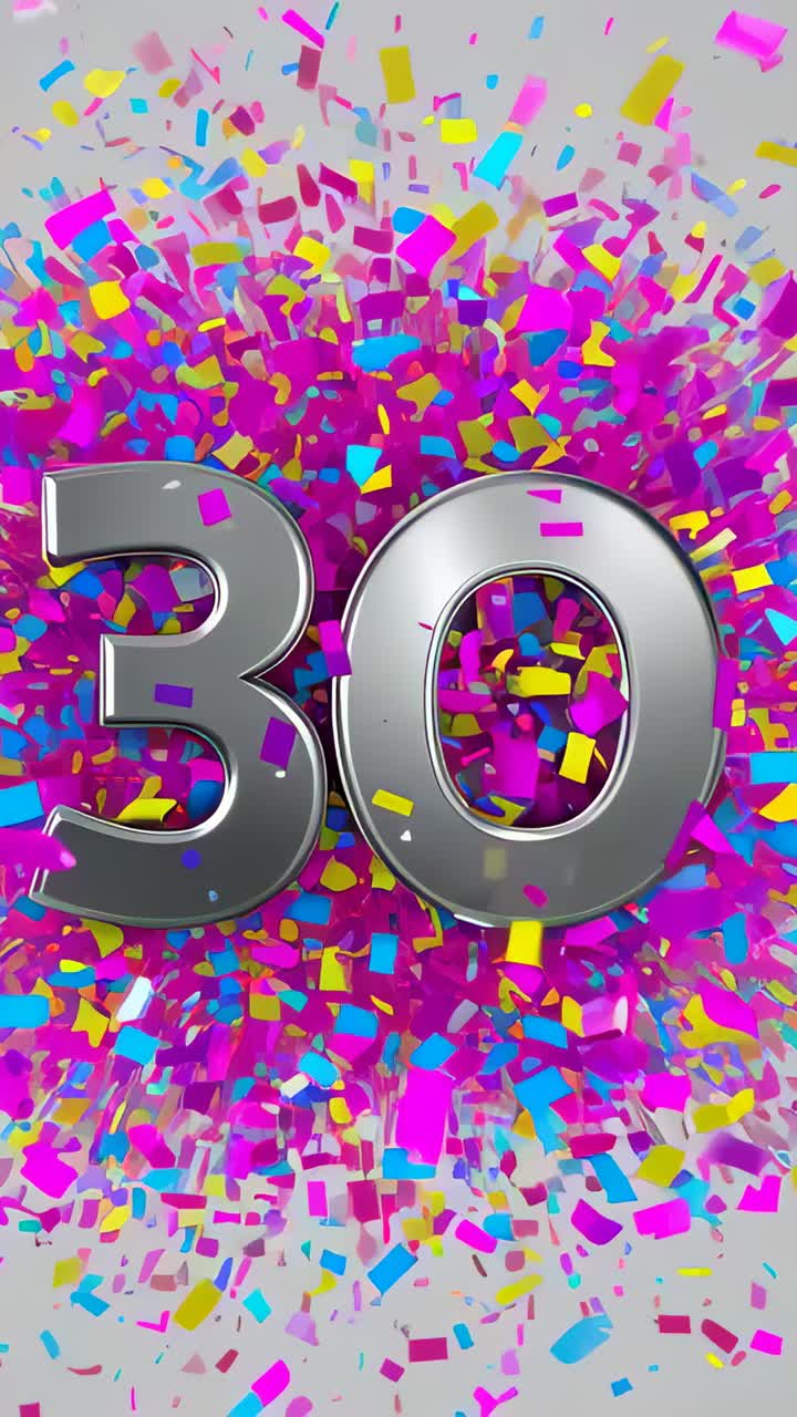 Vertical video: Bursting confetti hitting metallic numeral 30 in studio, magenta splash, lens flare