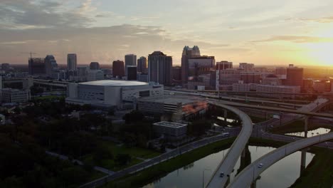 drone shot of downtown orlando at sunrise