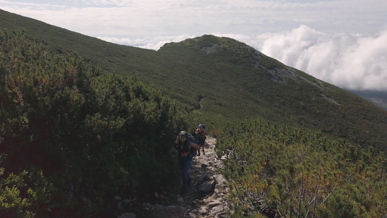 Tourists Walking On The Hiking Trail To The Krivan Summit In Slovakia On A Bright Sunny Day - Wide Shot