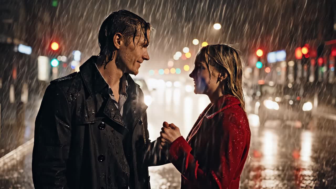 Romantic couple in the rain at night