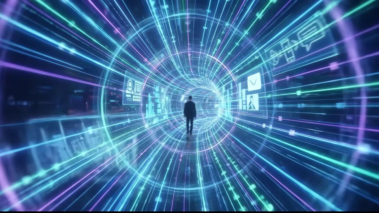 Silhouette che cammina attraverso un tunnel di dati digitale futuristico