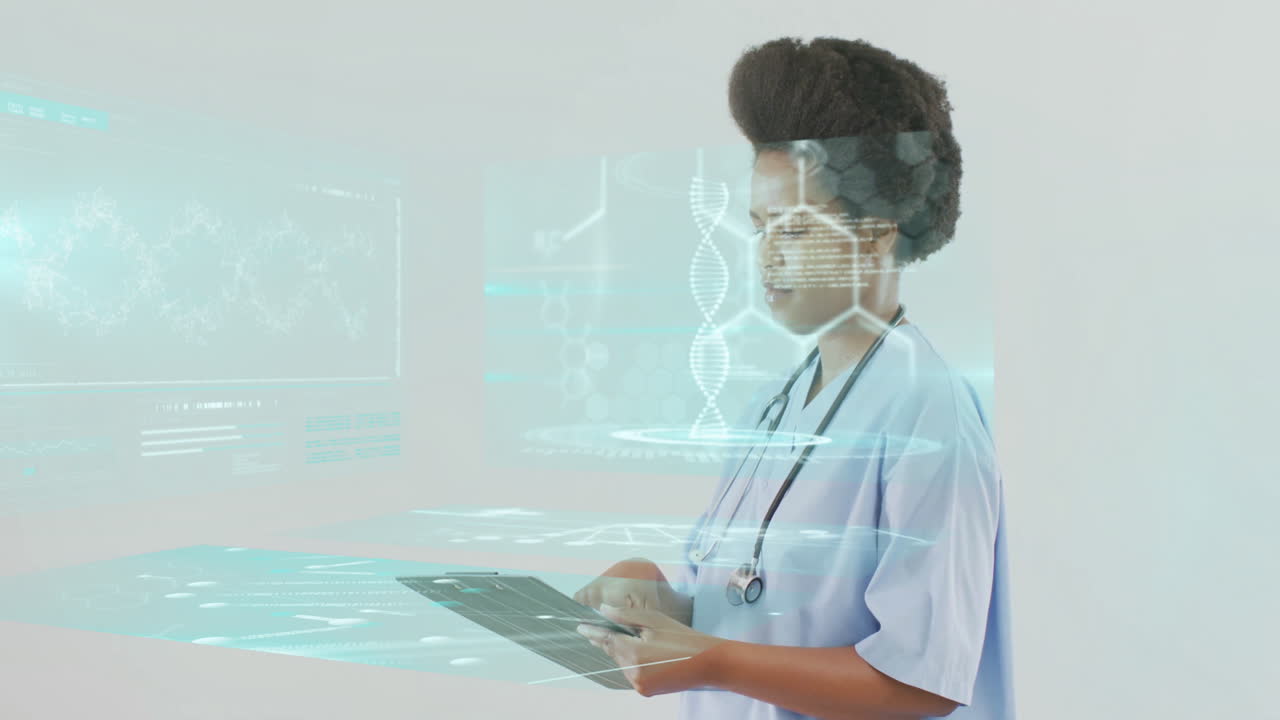 Interacting with futuristic holographic DNA, medical professional analyzing animation data