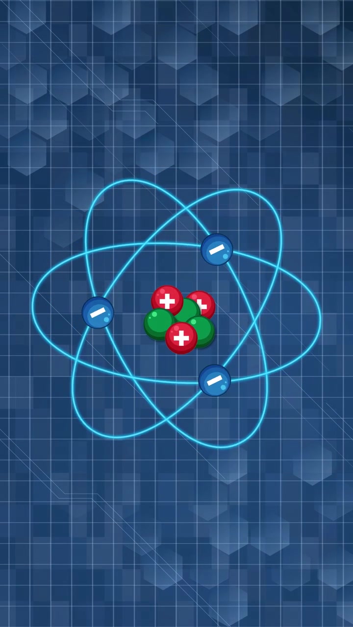 Animasjon av atomstruktur med elektroner som kretser rundt kjernen, blå rutenettbakgrunn, jevn sløyfebevegelse
