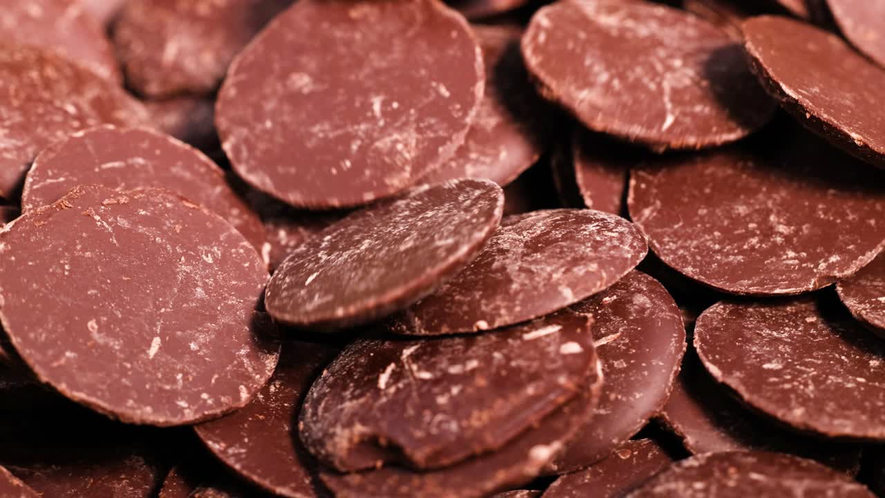 초콜릿 디스크 가 가공 되고 있는 근접적 인 모습