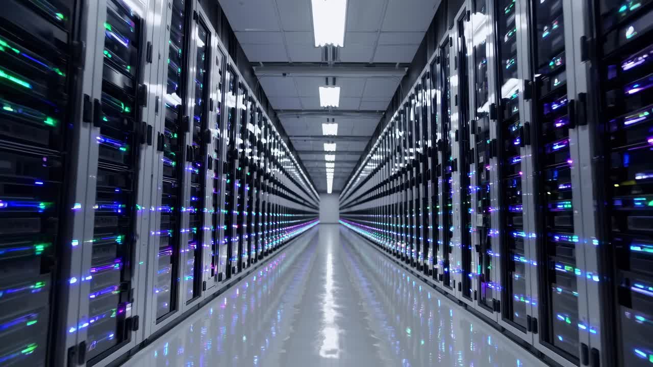 Ripresa grandangolare di una sala server futuristica con luci scintillanti, per creare un concetto video high-tech