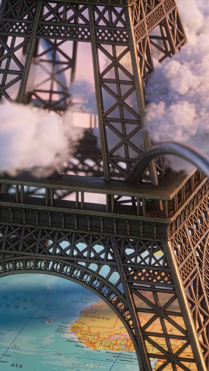 Video verticale: Brezza che muove nuvolette scivolando attraverso un modello della Torre Eiffel su un set, rivelando una mappa.