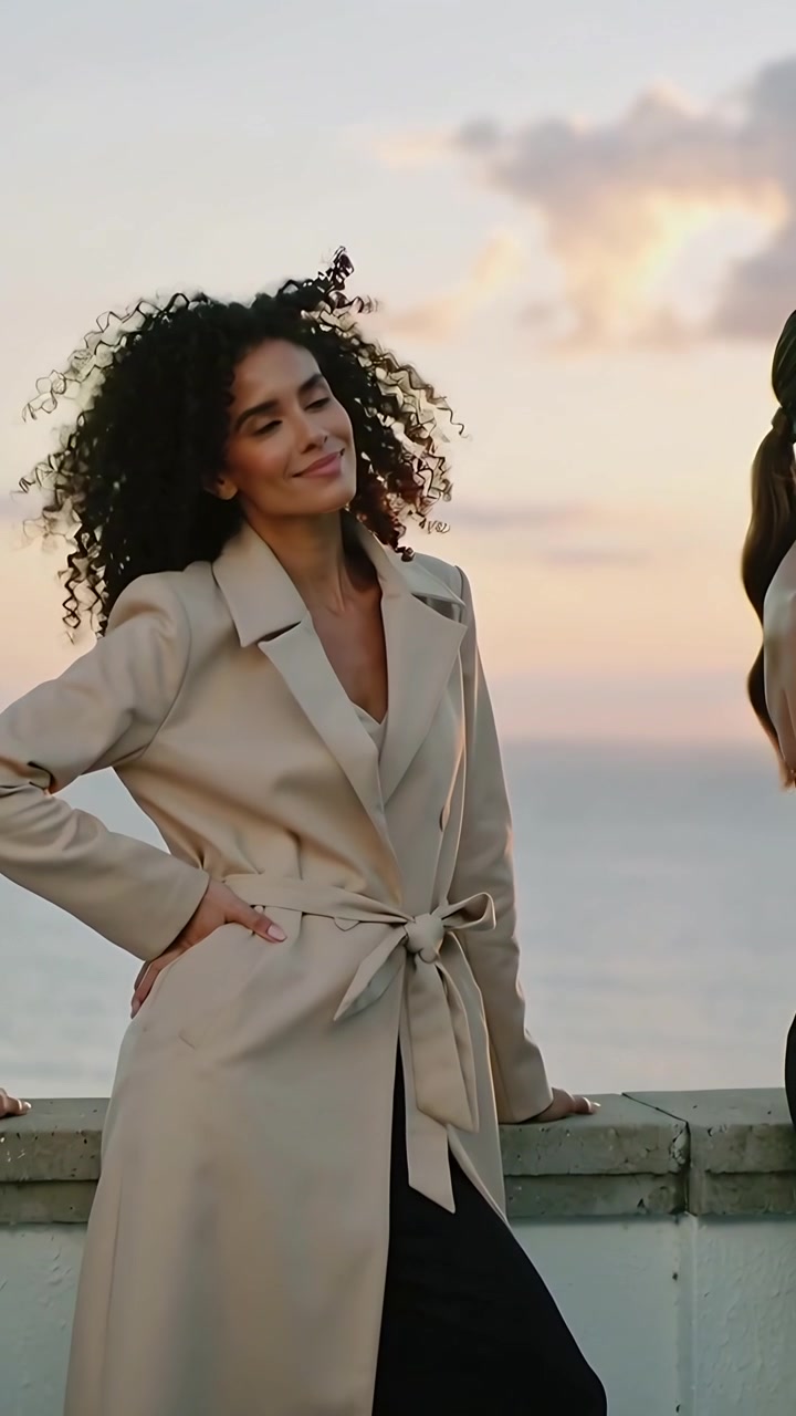 Video verticale: Modella con trench beige che si inclina appoggiata a una ringhiera sul mare, mentre la telecamera si avvicina e lei posa