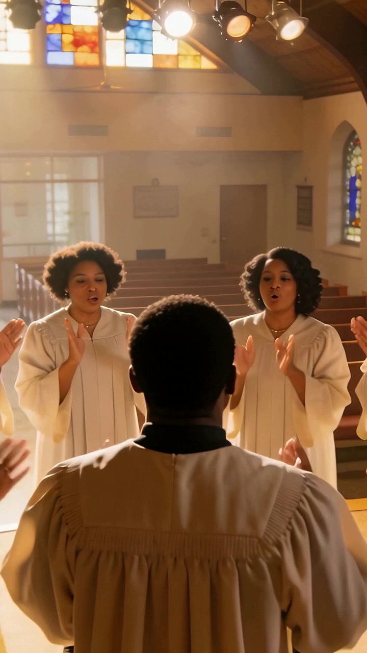 Vertical video: Leader cueing two robed singers singing, clapping at loft stained-glass for worship