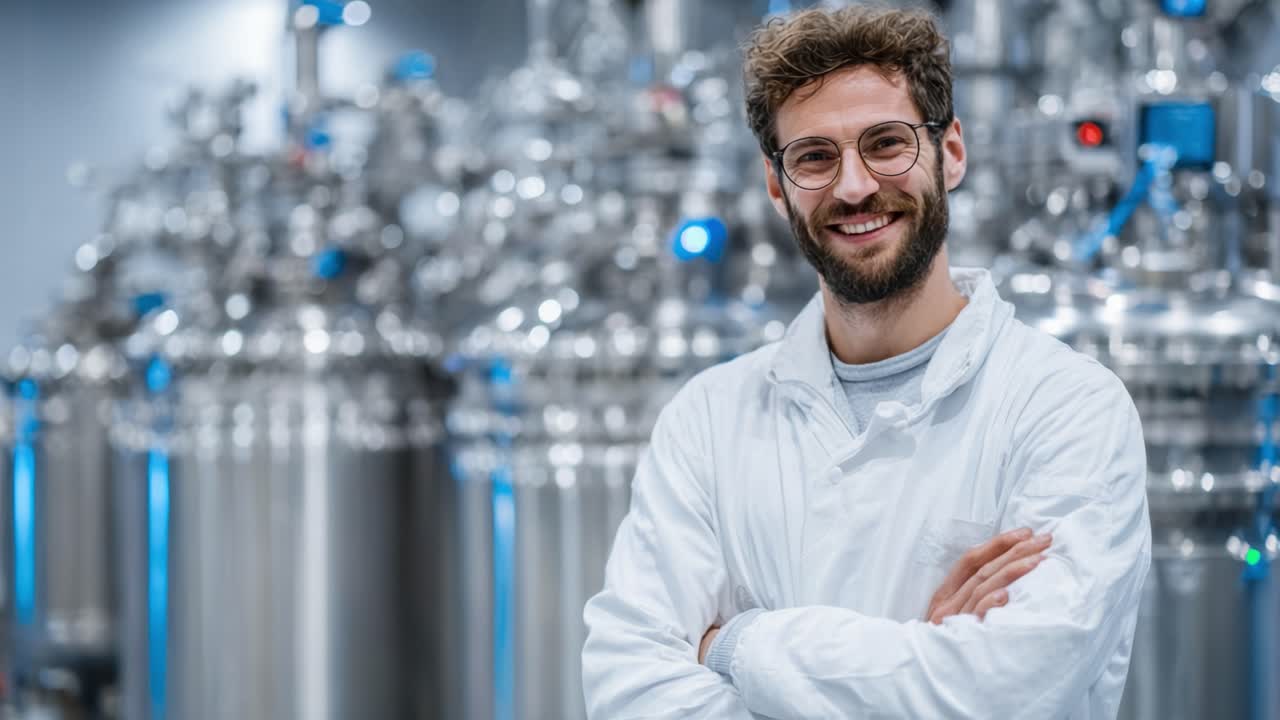 Confident Professional in Laboratory Coat Smiling Amidst Advanced Equipment and Technology, Highlighting Expertise and Innovation in a Modern Industrial Setting
