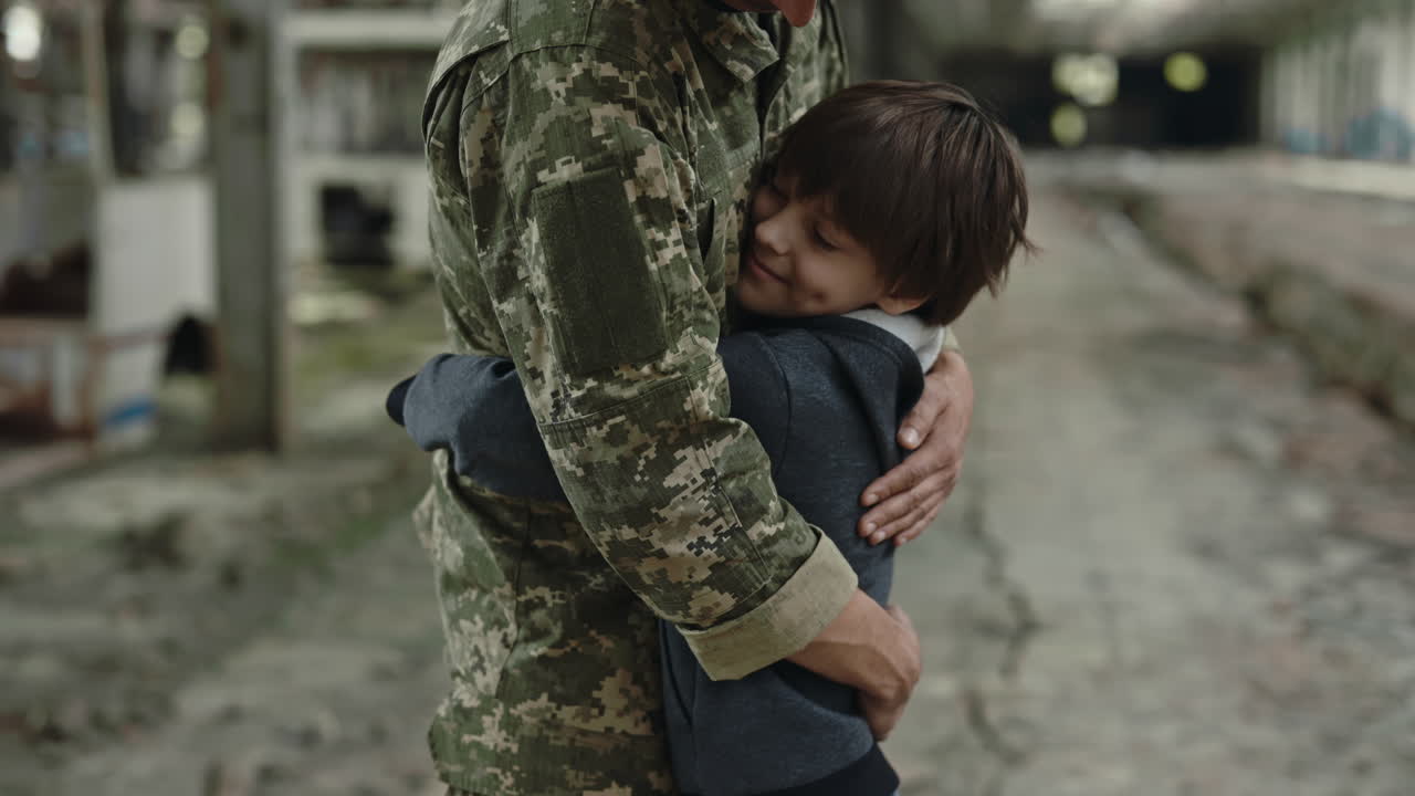 Soldier and Son Reuniting in a Ruined Building